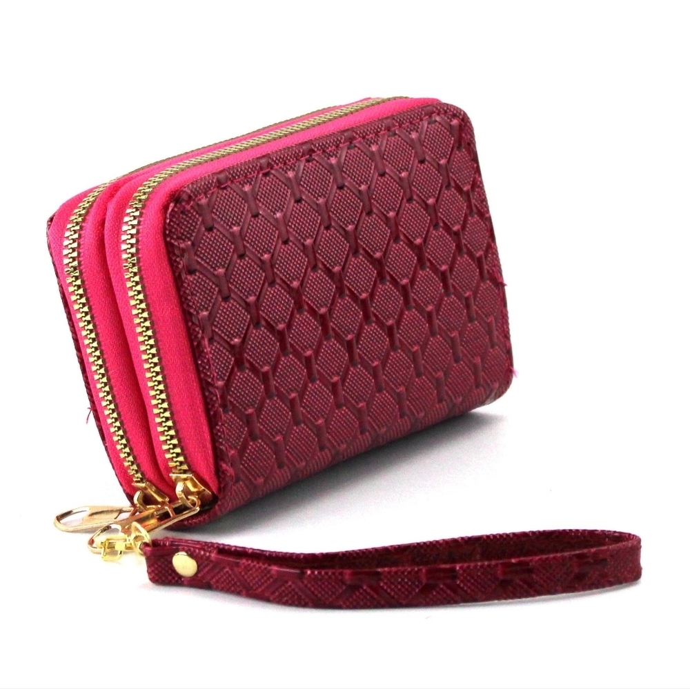 Woman's Multi Department Dark Pink Textured Small Double Zip Around Wallet - Picture 4 of 13